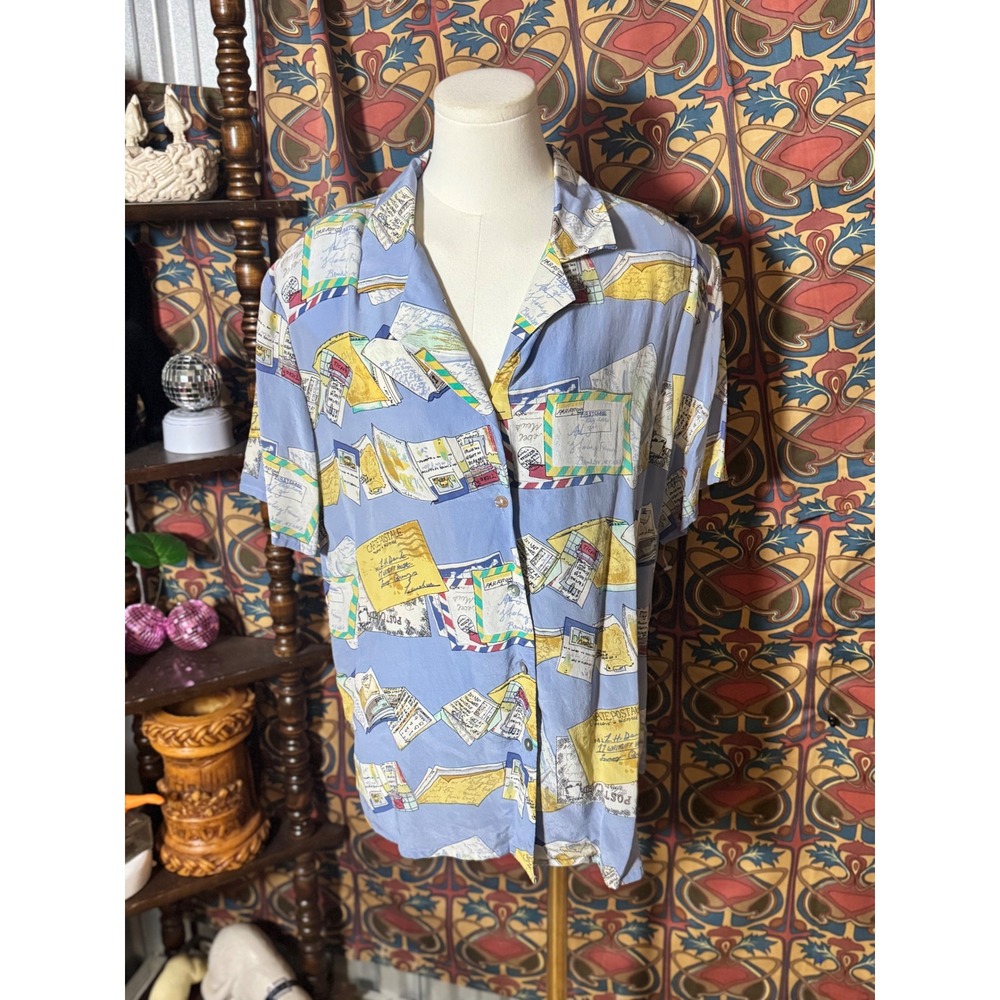 City Silk XL Blouse Button Up‎ Short Sleeve Blue Multicolor Letter Print Top